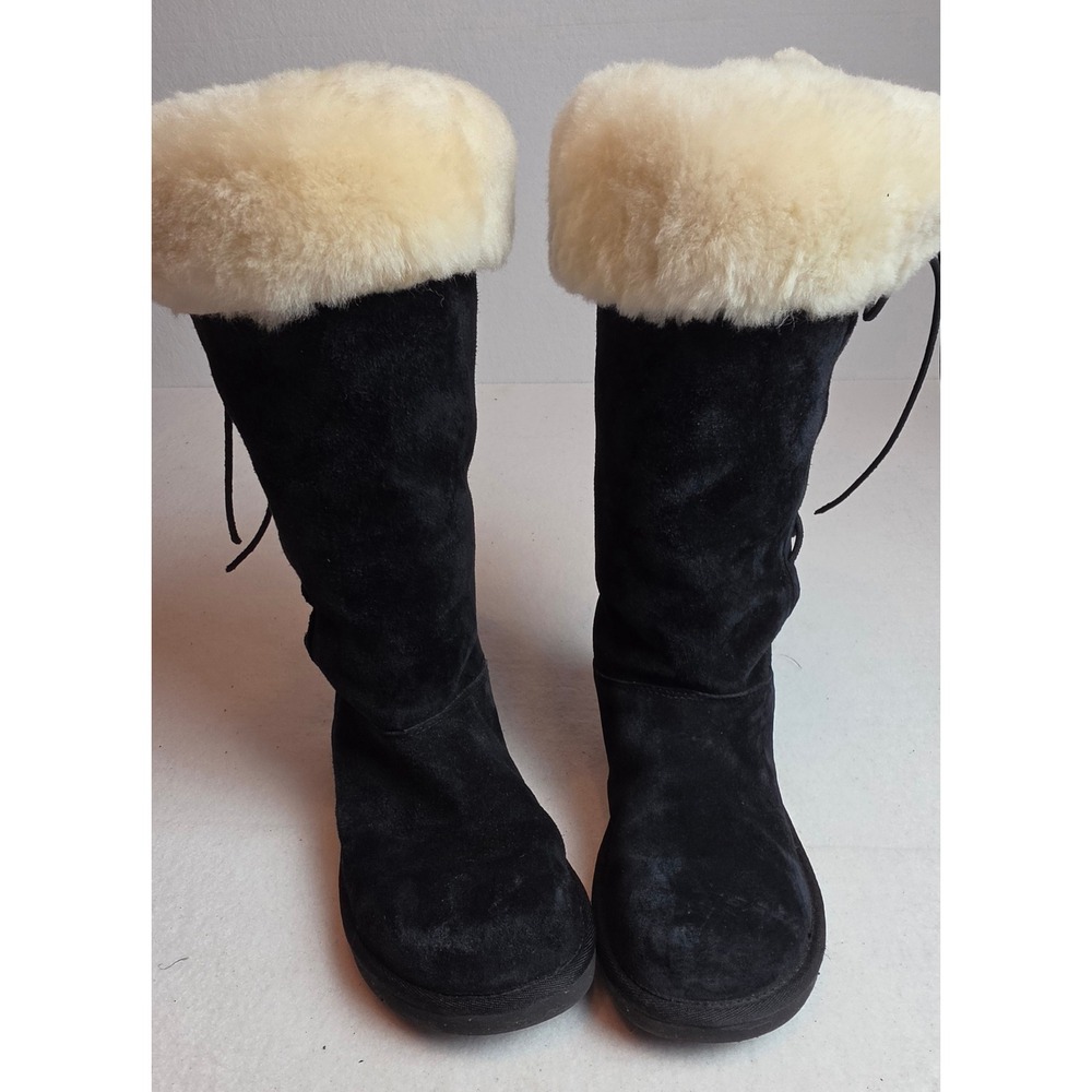 UGG Australia Sunburst Tall Black Suede Sheepskin Lace Up Boots 5163 Womens 8